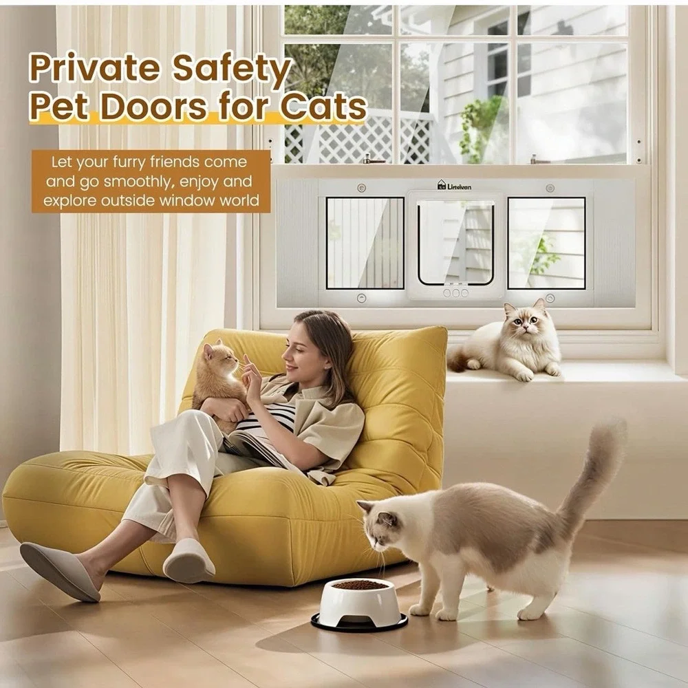Linvivon Cat Window Door Insert Adjustable 31-36in Magnetic 4 Lock Modes NOB